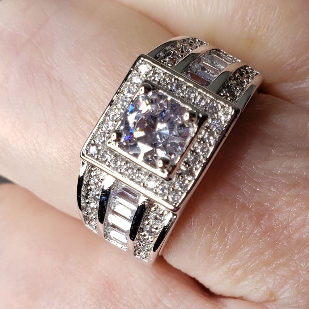 14K White Gold Sterling Silver Wedding Thick Heavy Masculine Ring Luxury - Picture 9 of 13